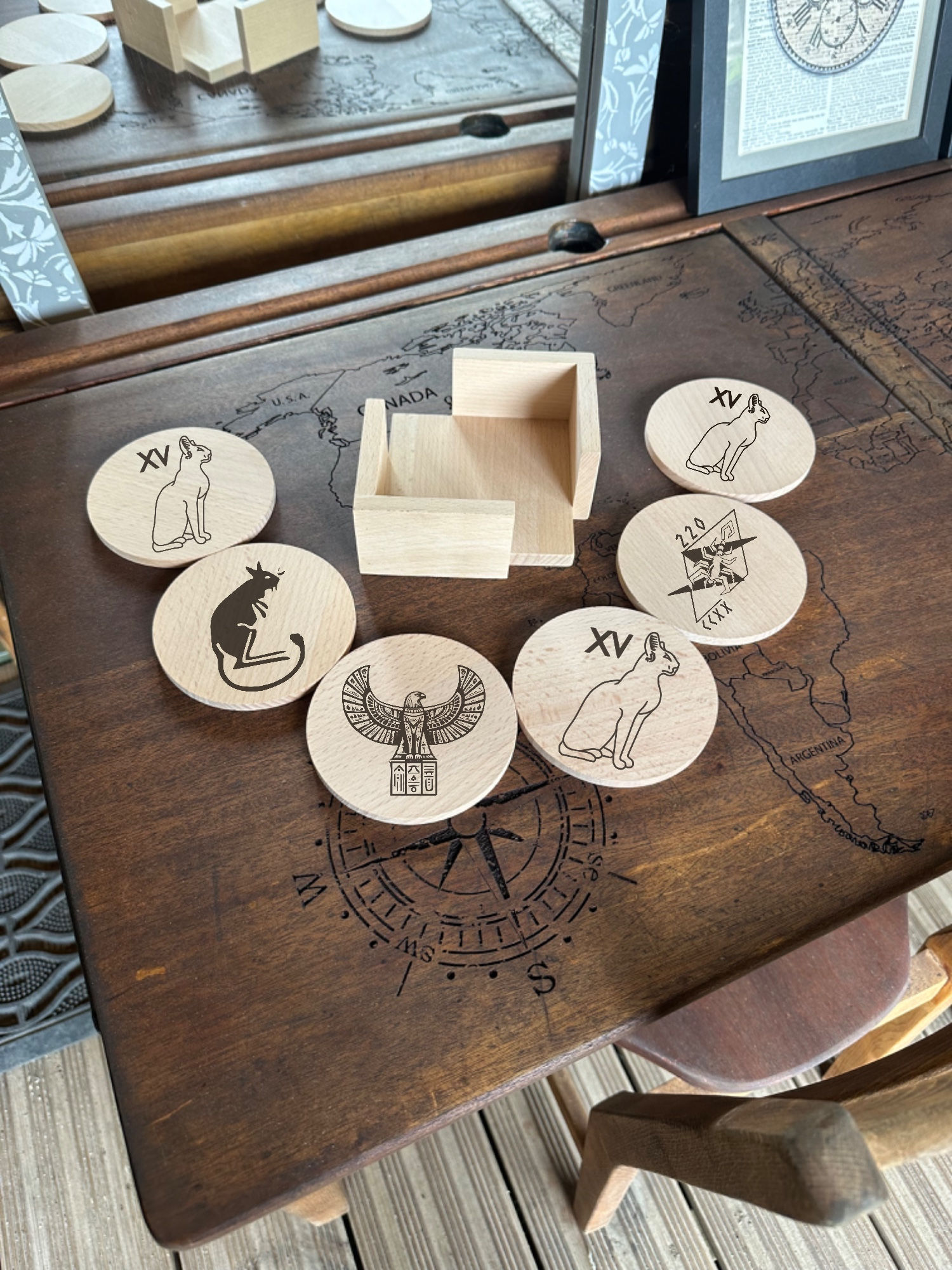 15SR - 6 Wooden Coasters & Wooden Holder