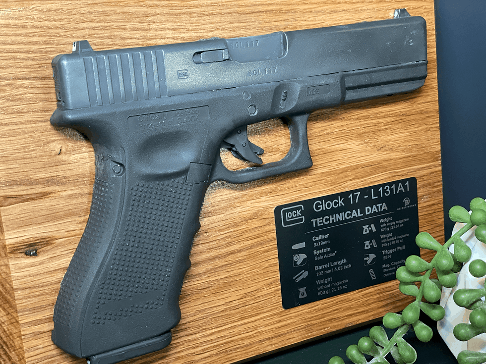 Thumbnail: 1:1 Replica Glock 17 Cold Cast in Resin and Iron Powder on Customisable Hardwood Plaque