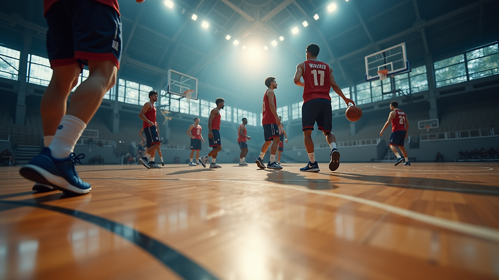 Eye-level view of a basketball court with players in action