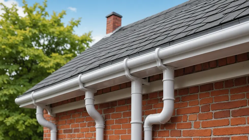 Eye-level view of neatly installed seamless gutters with downspouts