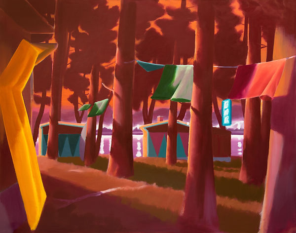 clothes and camp cabins in late evening, acrylic and oil on canvas. 190 x 240 cm, 2025