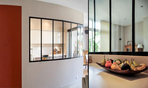 Rénovation partielle: pièce de vie principale et 2 chambres.
Design d'une verrière cintrée de séparation entre cuisine et salon.
Modernisation de la cheminée
Dessin de la bibliothèque
Rénovation de la salle de bain
Coordination du chantier
Sélection des matériaux et décoration