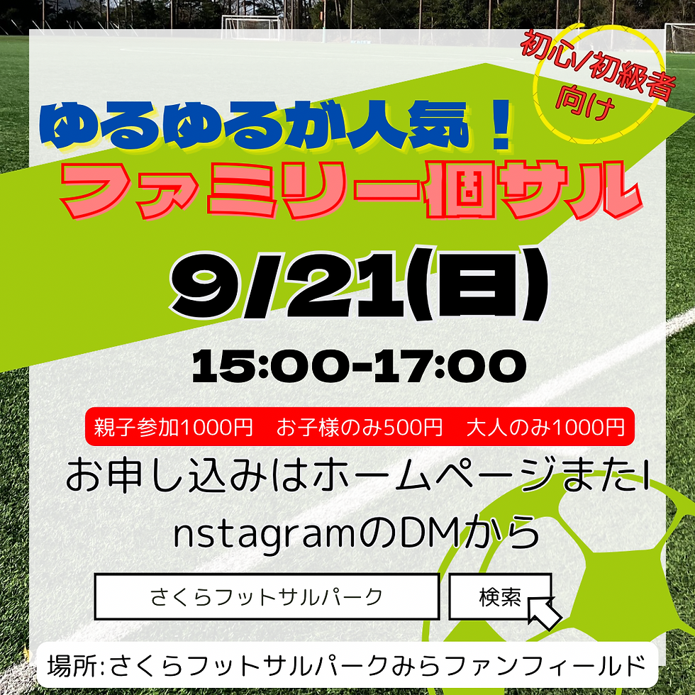 【終了しました。】【初級者初心者向け】【9／21（日）　15時00分から】ファミリー個サル開催＝参加者受付中！！