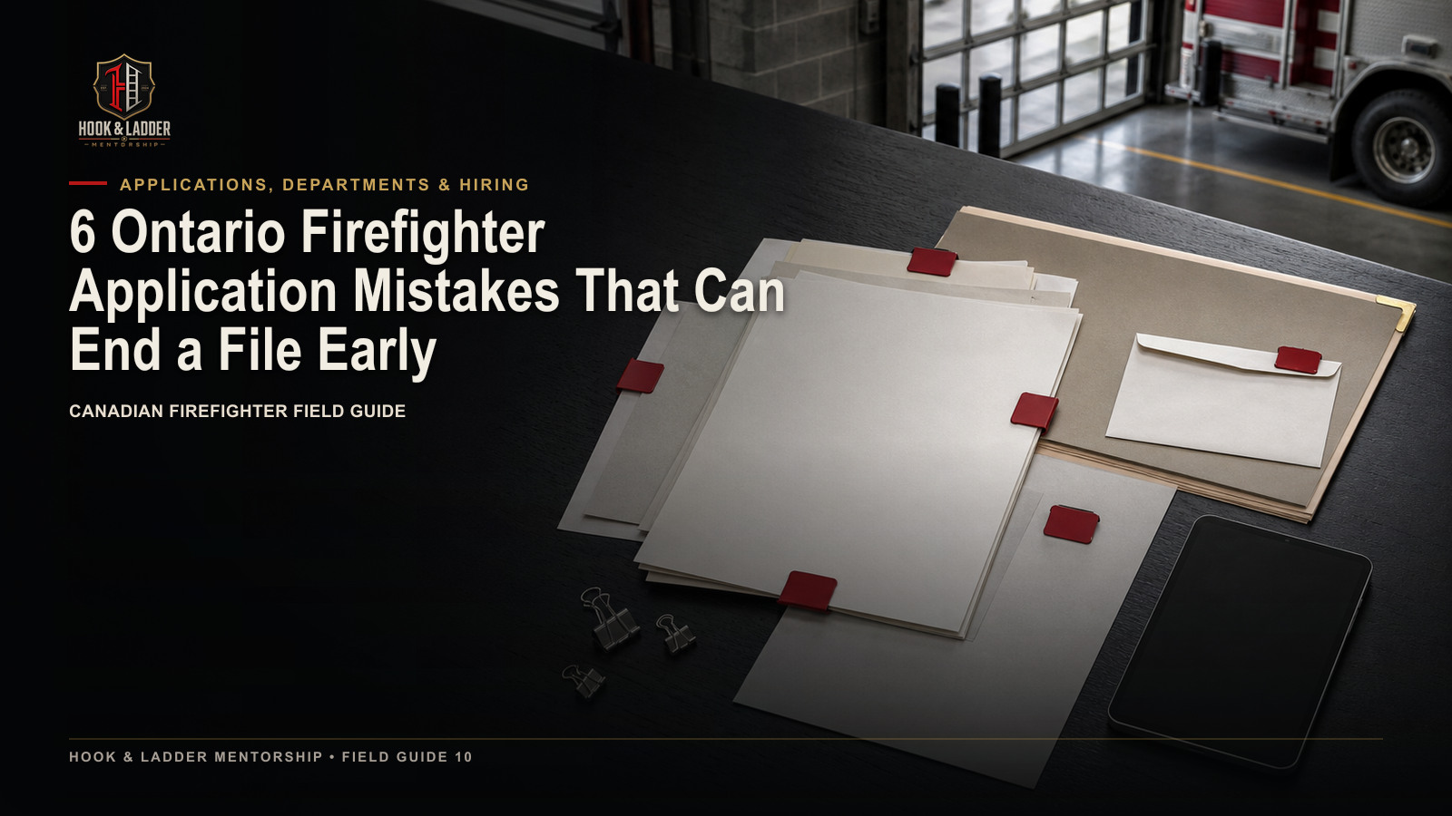An Ontario firefighter application dossier marked with six quality-control cautions before submission.