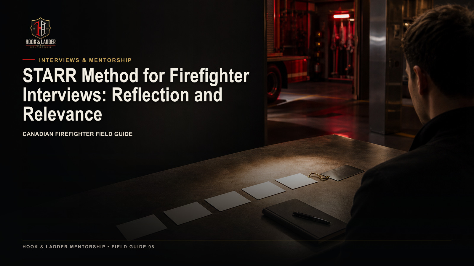A firefighter candidate organizing a truthful interview story with reflection and job relevance.