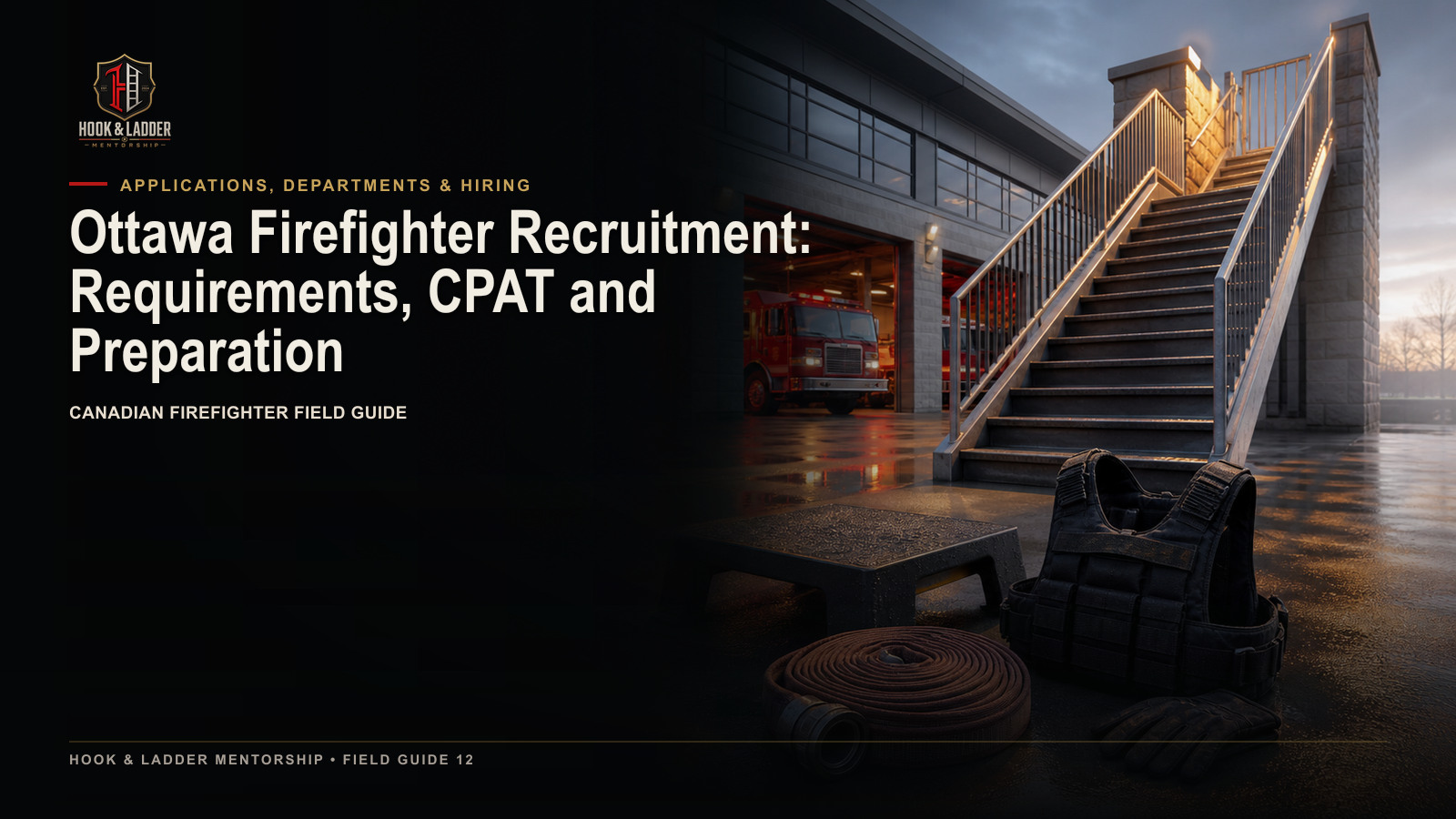 A firefighter candidate preparing documents and stair-training equipment for an Ottawa recruitment process.