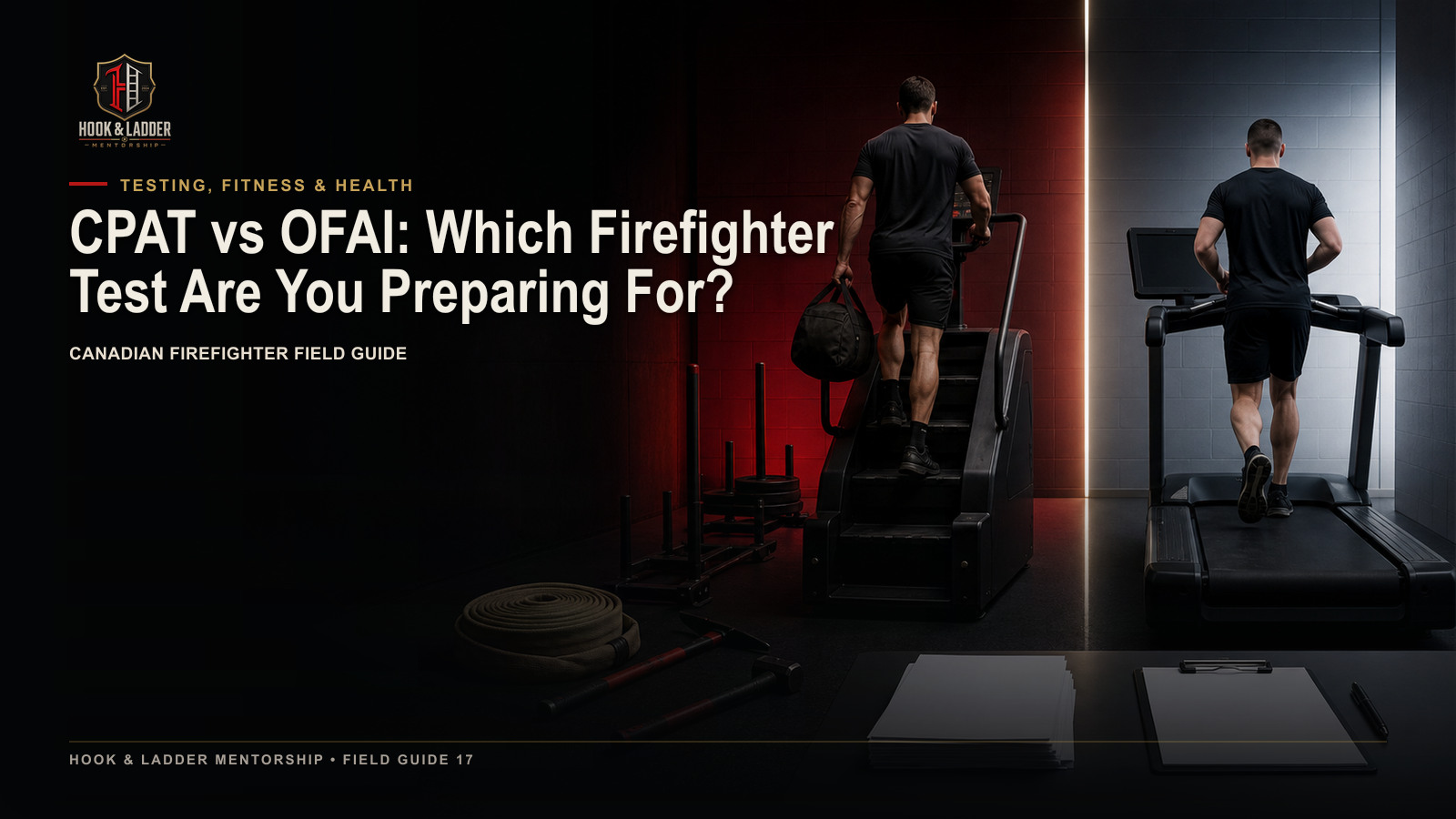 A split view of two distinct firefighter physical-testing pathways using stairs, carries, and timed stations.