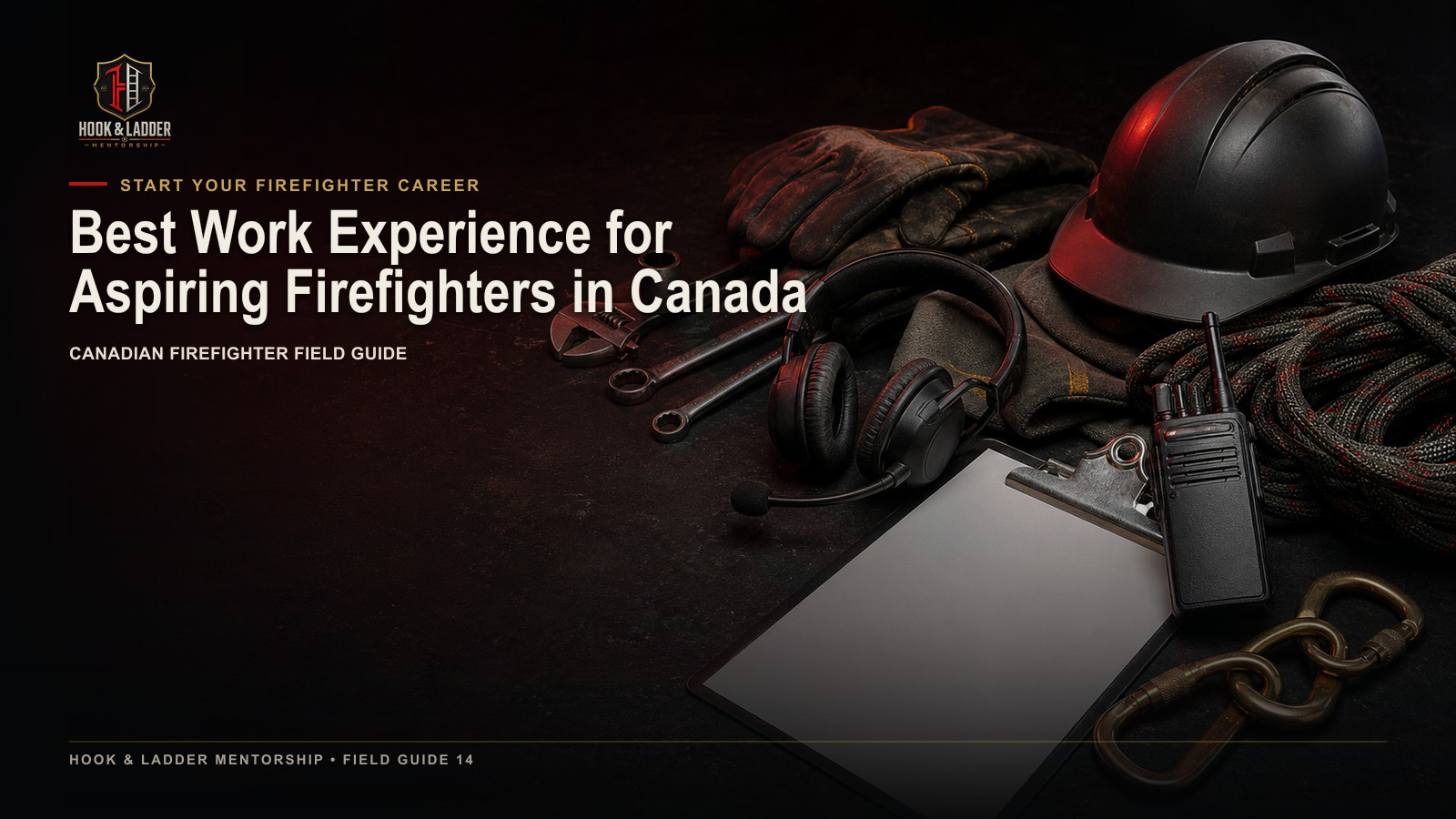 Tools and service-work cues representing transferable experience for an aspiring Canadian firefighter.