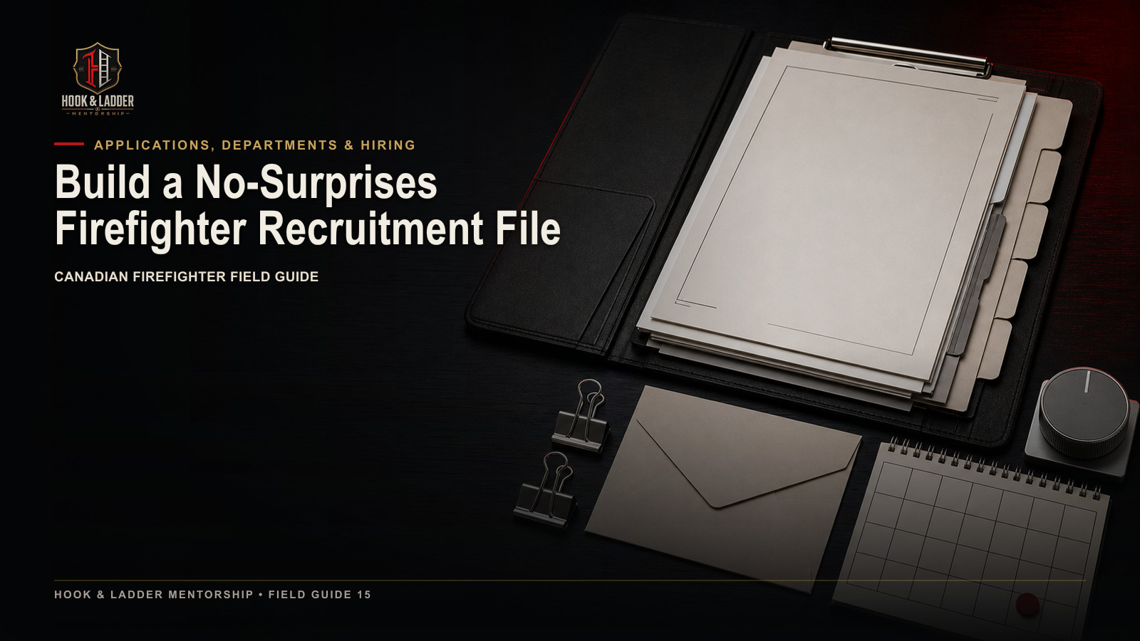 A precisely organized firefighter recruitment file with document, expiry, and submission controls.