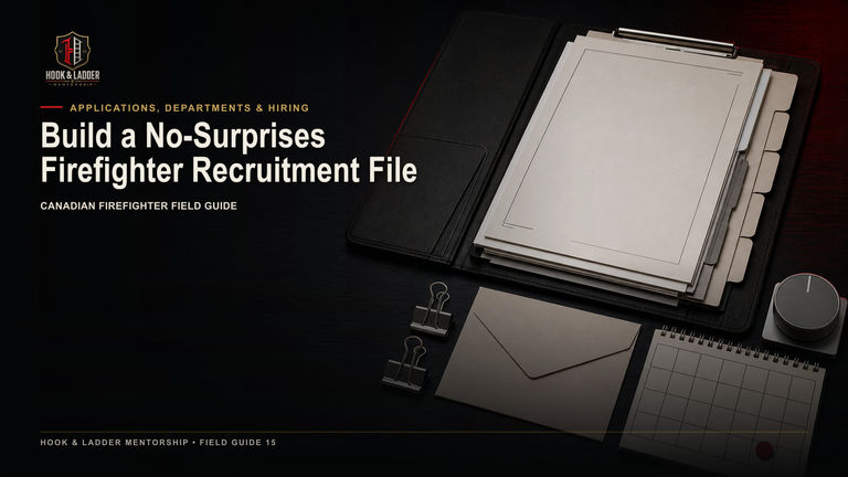A precisely organized firefighter recruitment file with document, expiry, and submission controls.