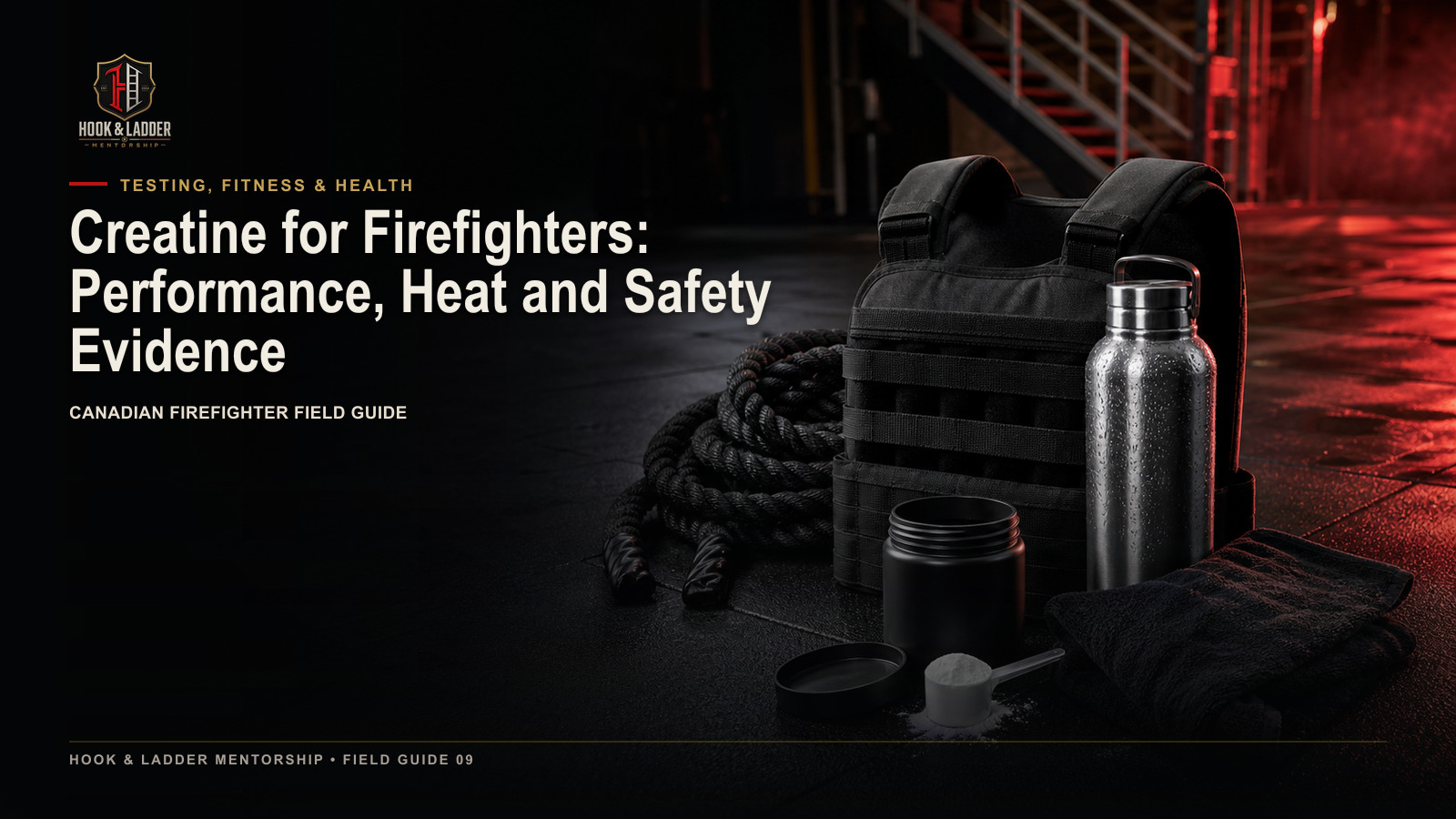 Unlabelled creatine monohydrate, hydration, and firefighter training equipment arranged for a safety-focused evidence review.