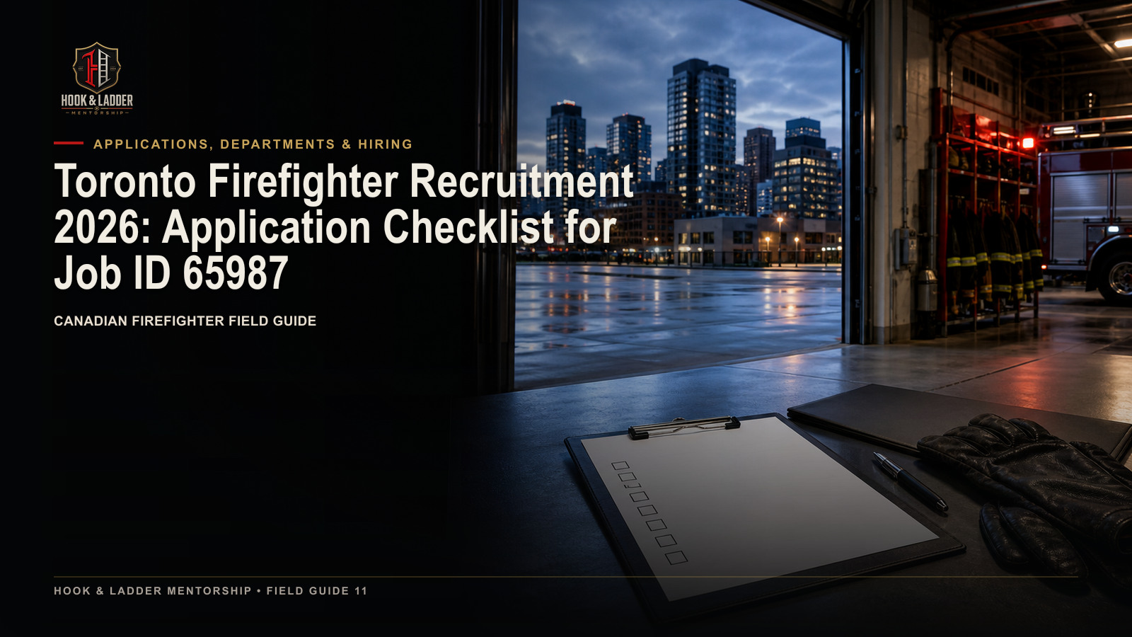 A firefighter candidate reviewing a 2026 urban Ontario recruitment checklist before the application deadline.
