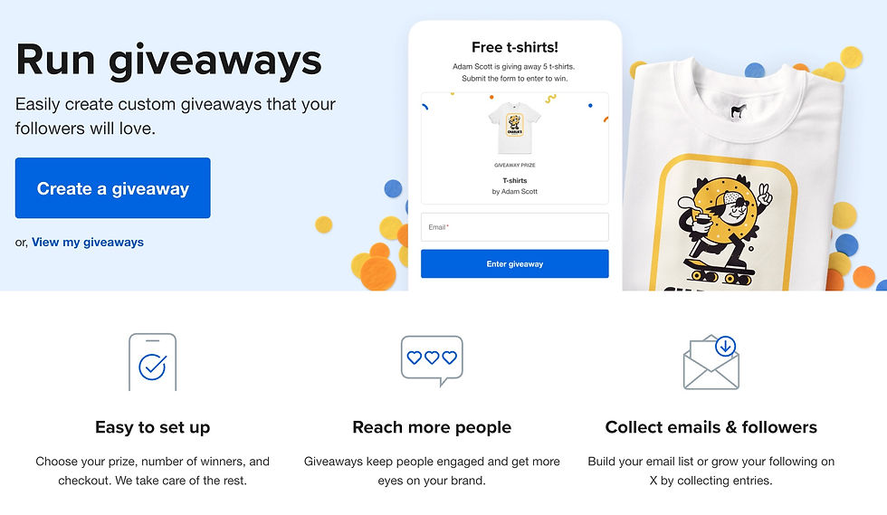 Website screenshot promoting giveaways with a T-shirt prize. Blue button reads "Create a giveaway." Confetti and instructions visible.