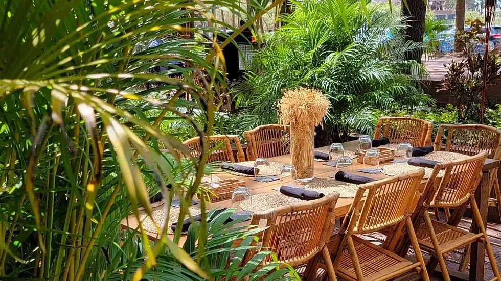 Outdoor dining table with wooden chairs, set with glasses and napkins. Surrounded by lush green plants, creating a tranquil, inviting scene.