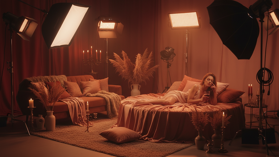 Close-up view of a film set with professional lighting equipment focused on a cozy Danish studio