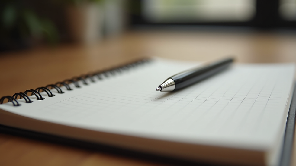 Close-up view of a journal and pen on a wooden table