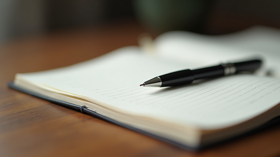 Close-up view of a journal and pen on a wooden table