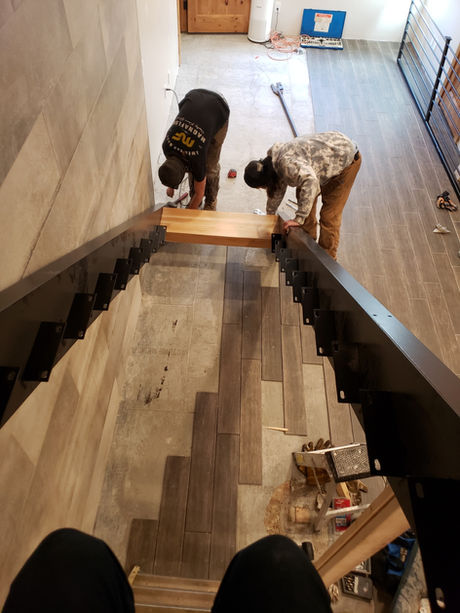 Steel Staircase with wood treads, Ornamental steel railing with Black powder coat finish