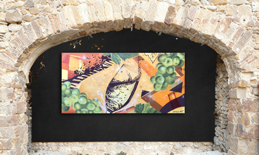Tableau grand format représentant un verre de Blanquette de Limoux aux bulles dorées