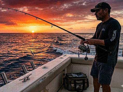 Pêcheur martiniquais lors d’une sortie en mer au coucher du soleil.