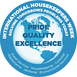 Blue, round emblem that reads "International Housekeeping Week Solving Tomorrows Problems Today"