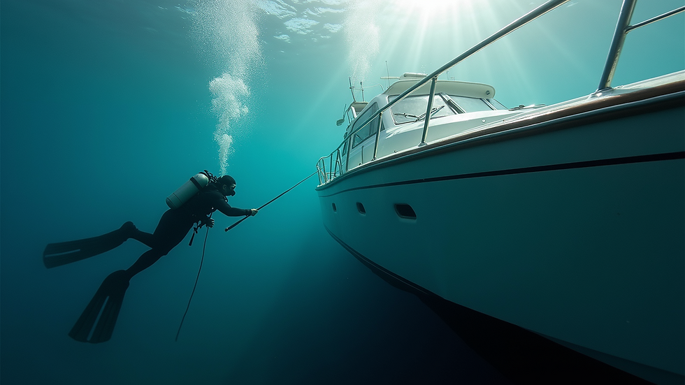 High angle view of a diver cleaning a boat hull underwater