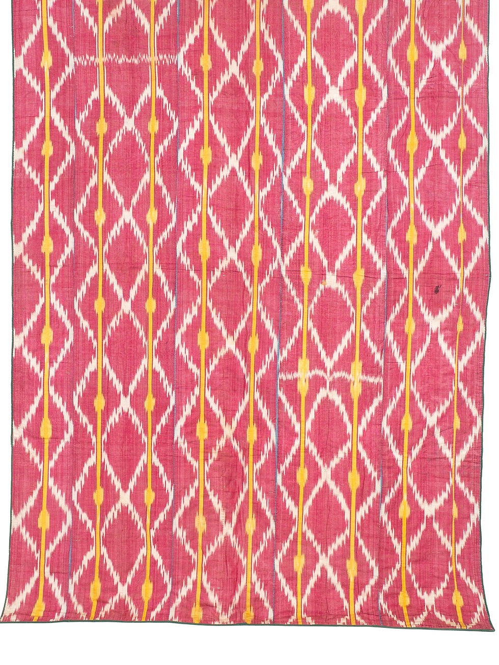 Thumbnail: A silk ikat textile with a pink ground. With characteristic blurred design of diamonds and yellow stripes.