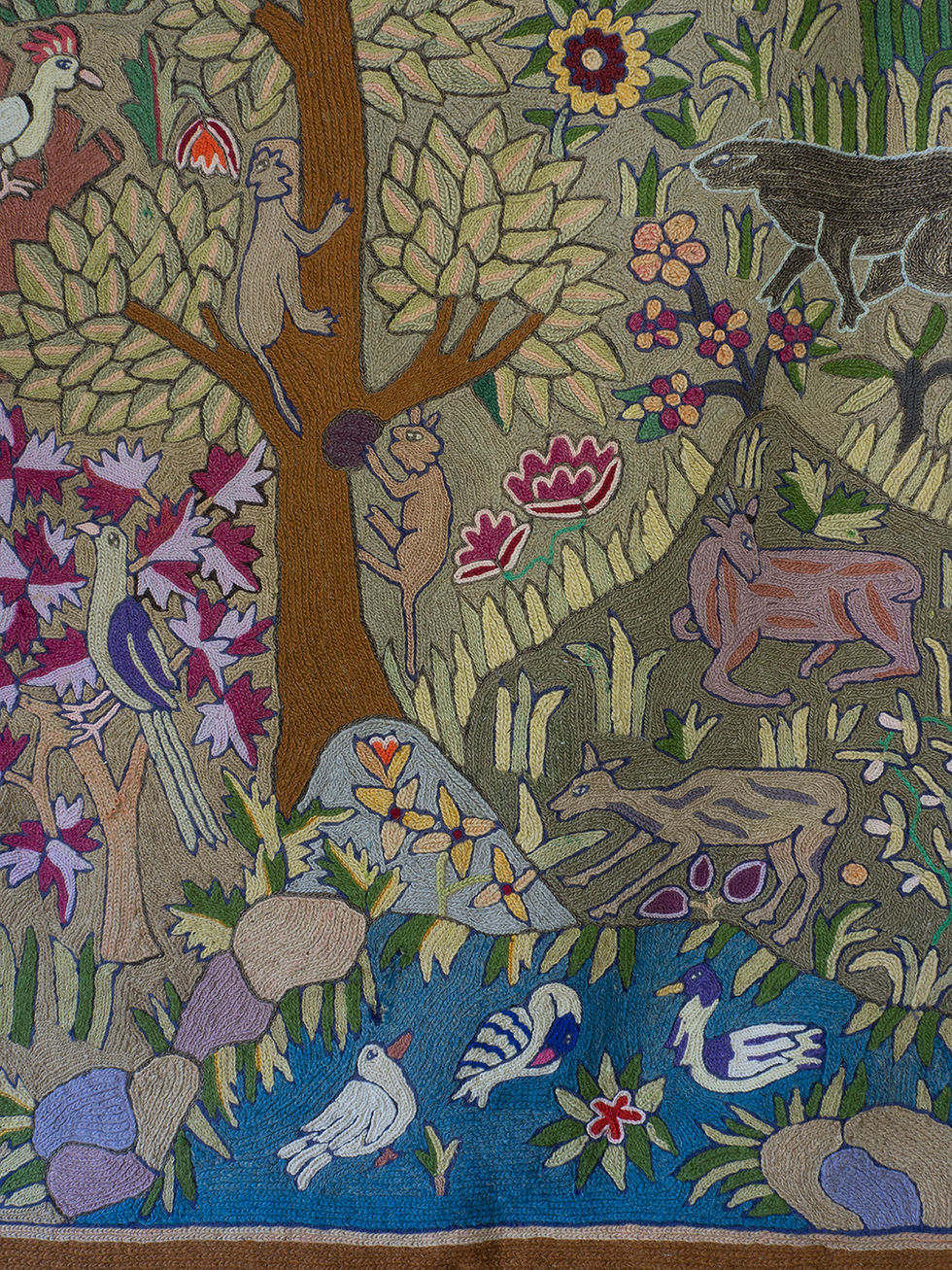 Thumbnail: large embroidered kantha quilt with a vast array of animals from across the world among jungles and mountains