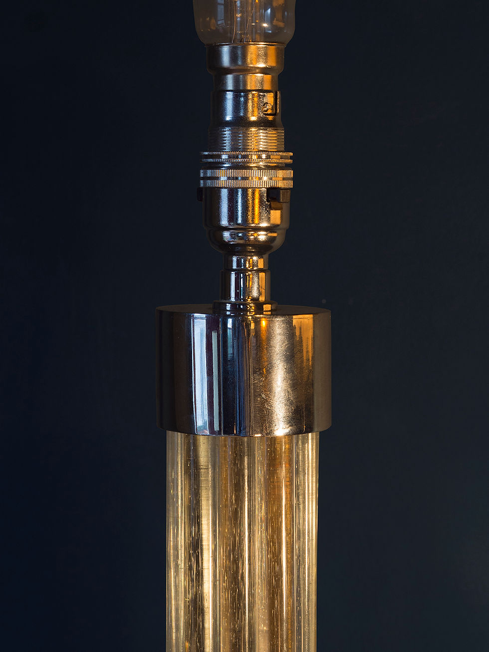 Thumbnail: deco floor lamp comprising glass rods around a gilt brass central rod. Glass and chrome base with faux walnut surface