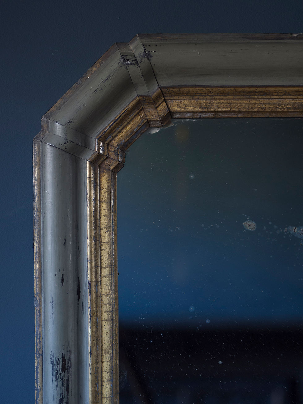 Thumbnail: large painted french mirror. grey and parcel gilt, original distressed plate