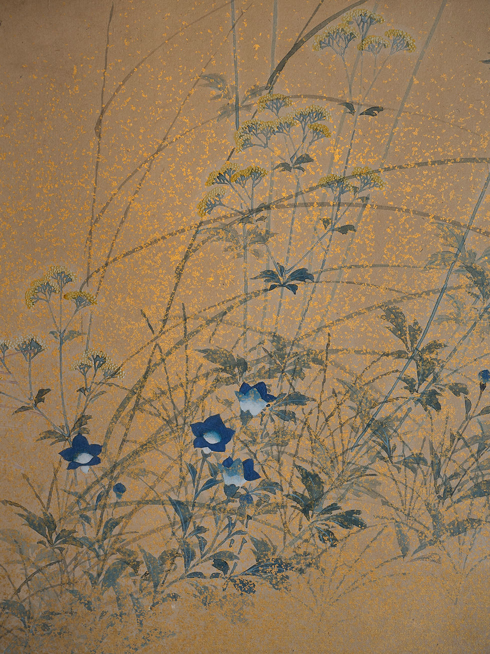 Thumbnail: two fold japanese rinpa screen in ink watercolour and gold late edo period