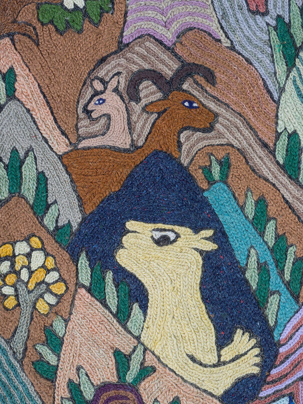 Thumbnail: large embroidered kantha quilt with a vast array of animals from across the world among jungles and mountains