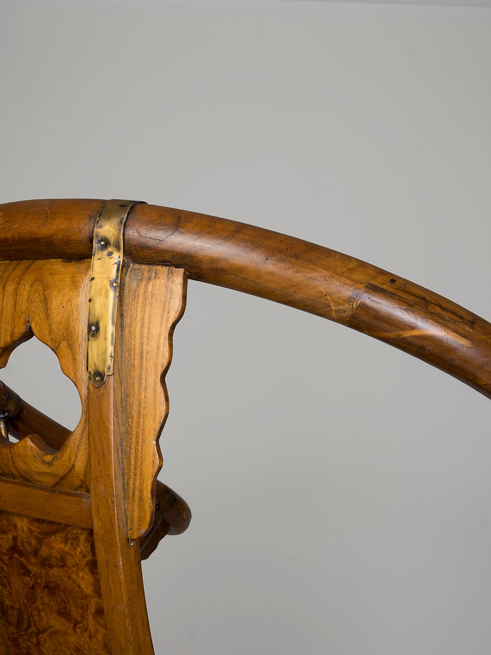 Thumbnail: a pair of horseshoe backed chinese folding chairs. Mounted with gilt brass fittings and lacquered rattan seat