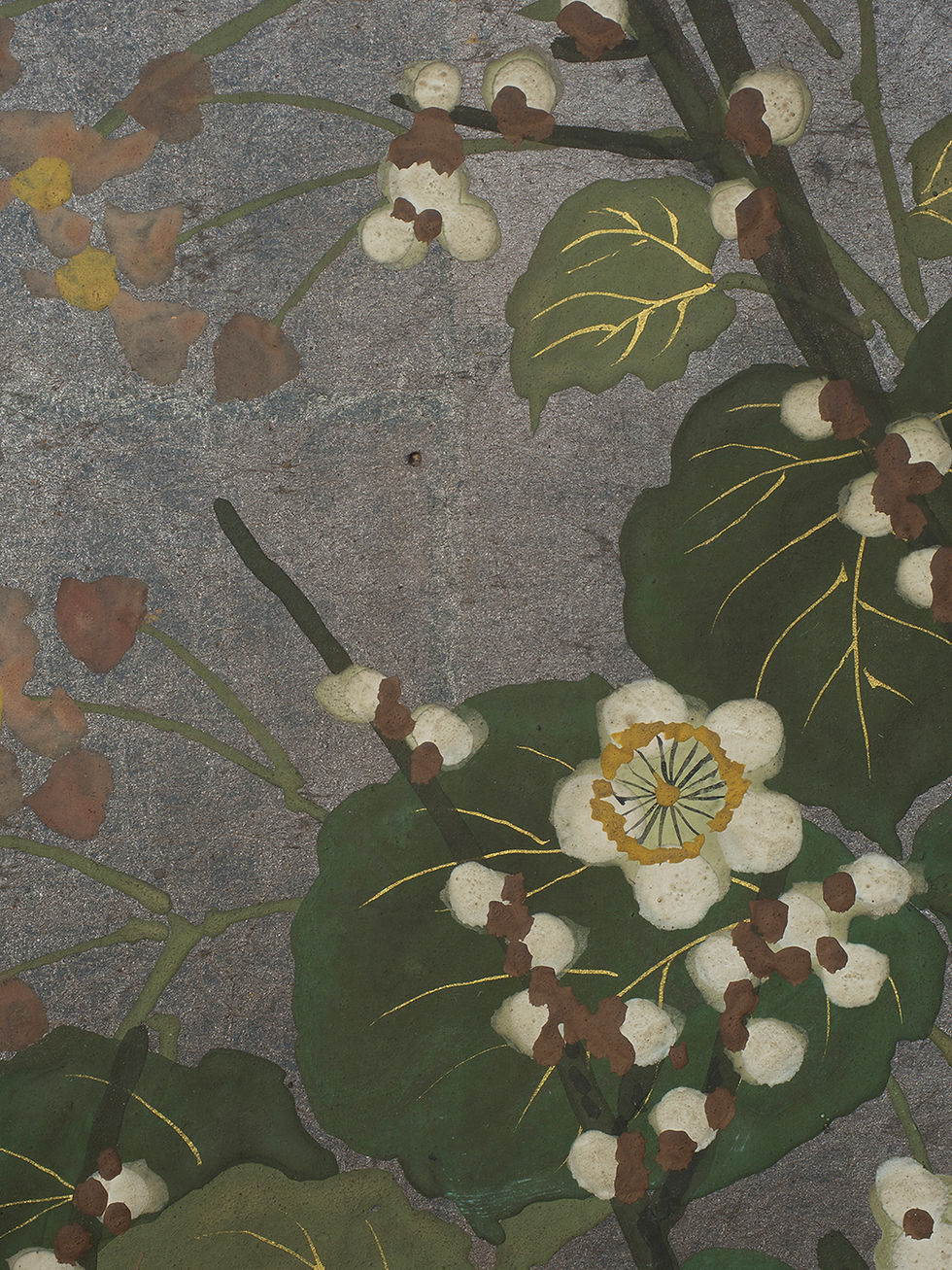 Thumbnail: painting on silver leaf ground, a small bird flies over a river, framed by prunus blossom in the foreground