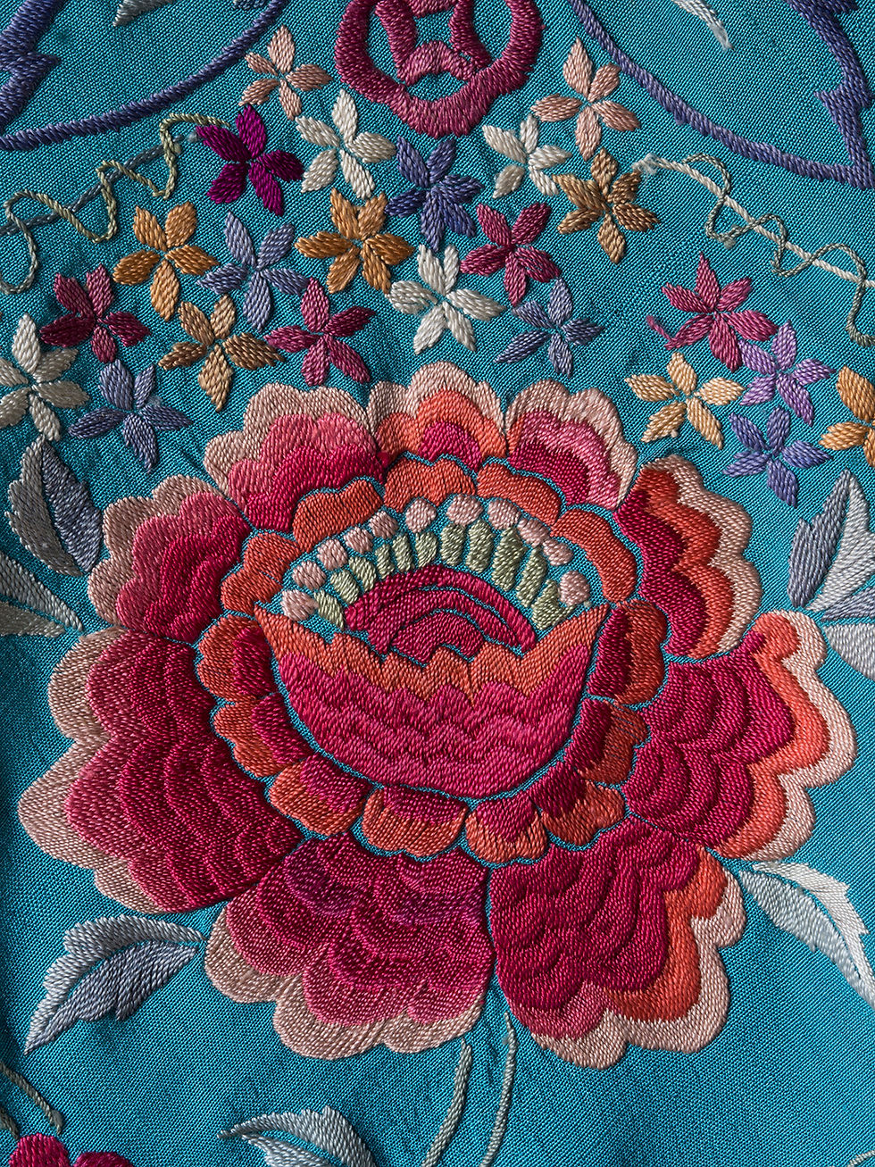 Thumbnail: large chinese silk piano shawl embroidered with roses on a cerulean blue ground circa 1900