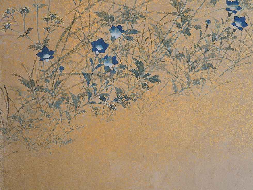 Thumbnail: two fold japanese rinpa screen in ink watercolour and gold late edo period
