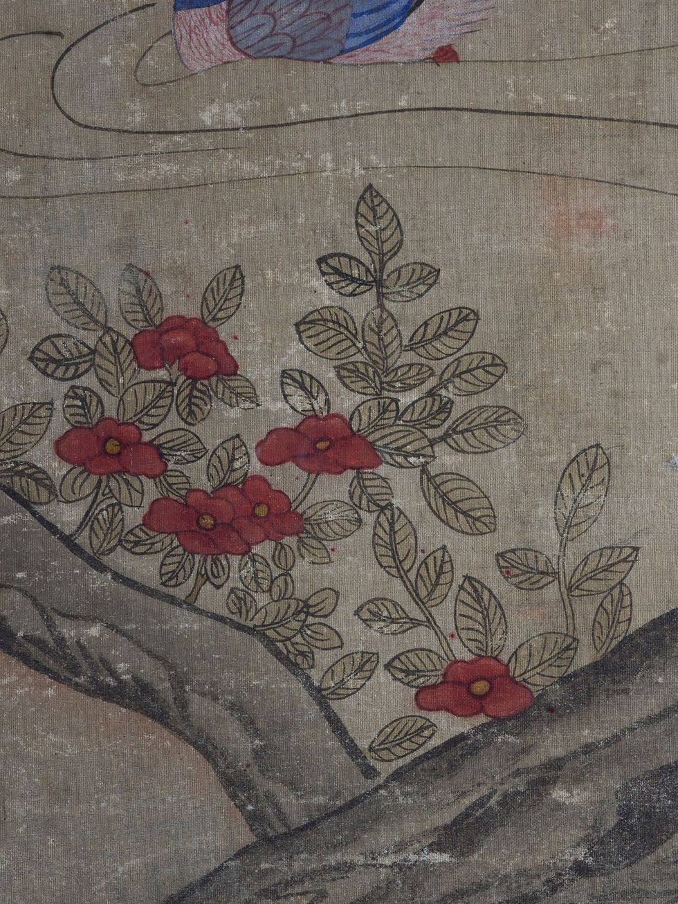 Thumbnail: a matching pair of Korean Minhwa paintings with ducks and hummingbirds among lotus flowers on a pond