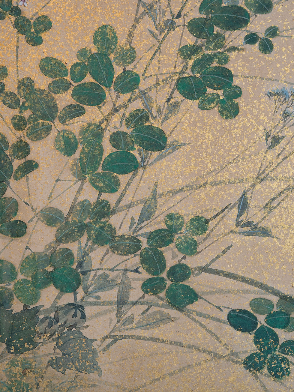 Thumbnail: two fold japanese rinpa screen in ink watercolour and gold late edo period