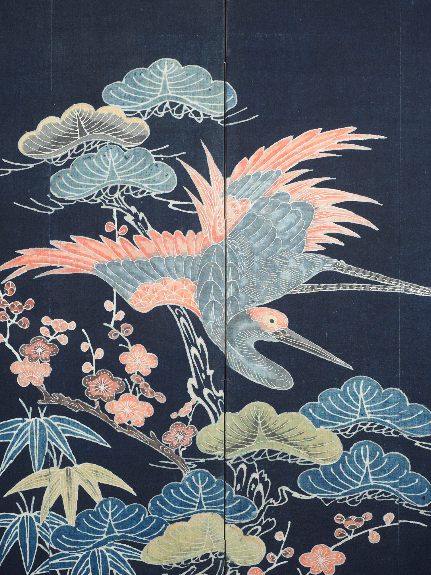Rare Tsutsugaki Byobu Screen with Sho-chiku-bai and Crane