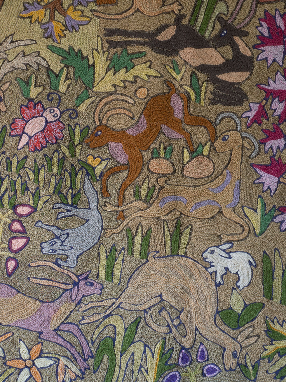 Thumbnail: large embroidered kantha quilt with a vast array of animals from across the world among jungles and mountains