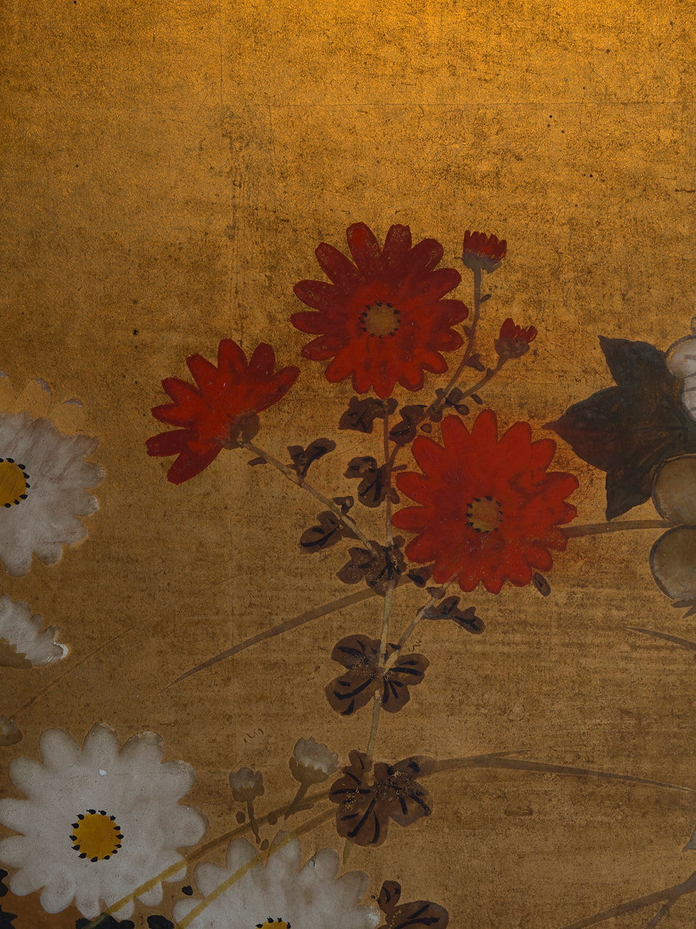 Thumbnail: gold leaf japanese screen with a pair of quails among flowers edo period