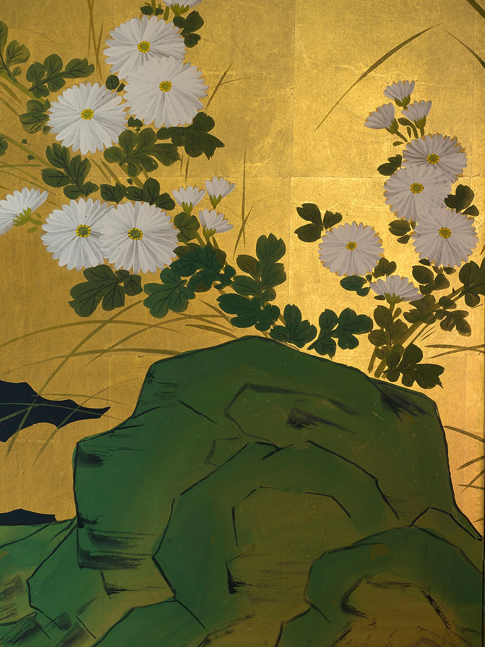 Thumbnail: japanese gold screen with mandarin ducks and chrysanthemums on a black river moving through gold clouds