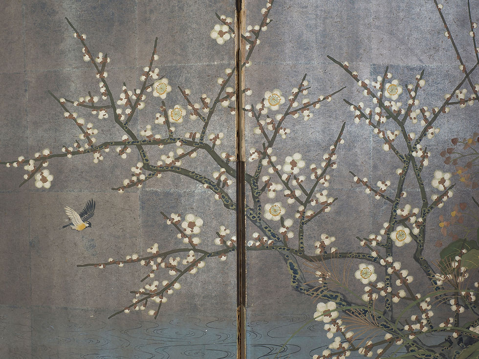 Thumbnail: painting on silver leaf ground, a small bird flies over a river, framed by prunus blossom in the foreground