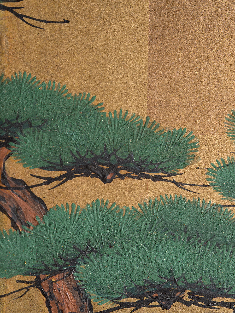 Thumbnail: a small meiji period japanese gold screen. A seascape with pine trees on the near shore