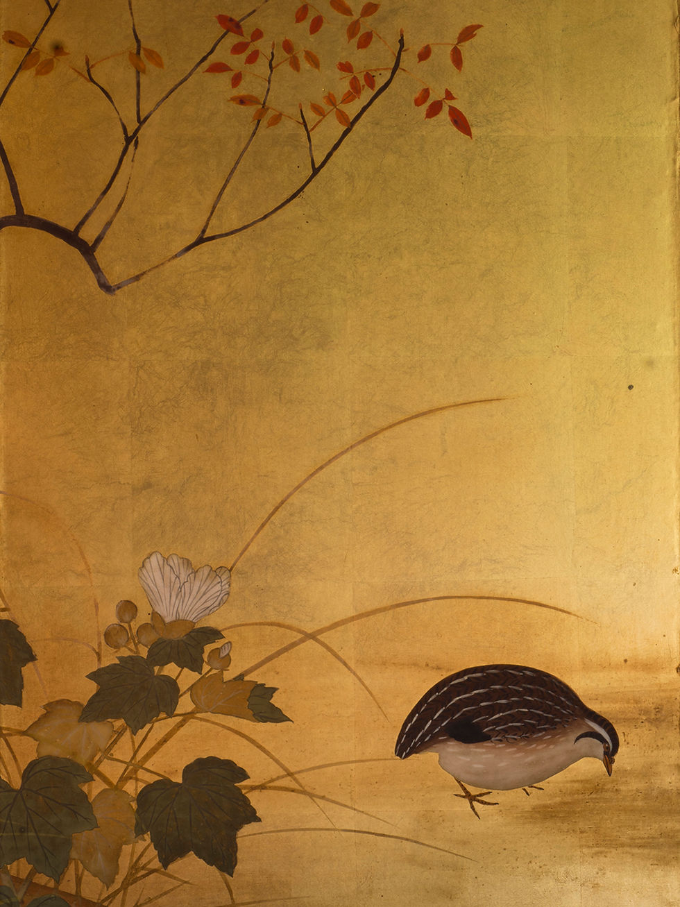 Thumbnail: gold leaf japanese screen with a pair of quails among flowers edo period