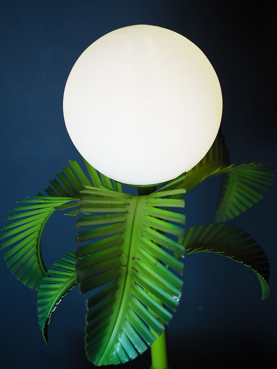 Thumbnail: green painted 1970s italian palm lamp with white opaline shade original paint