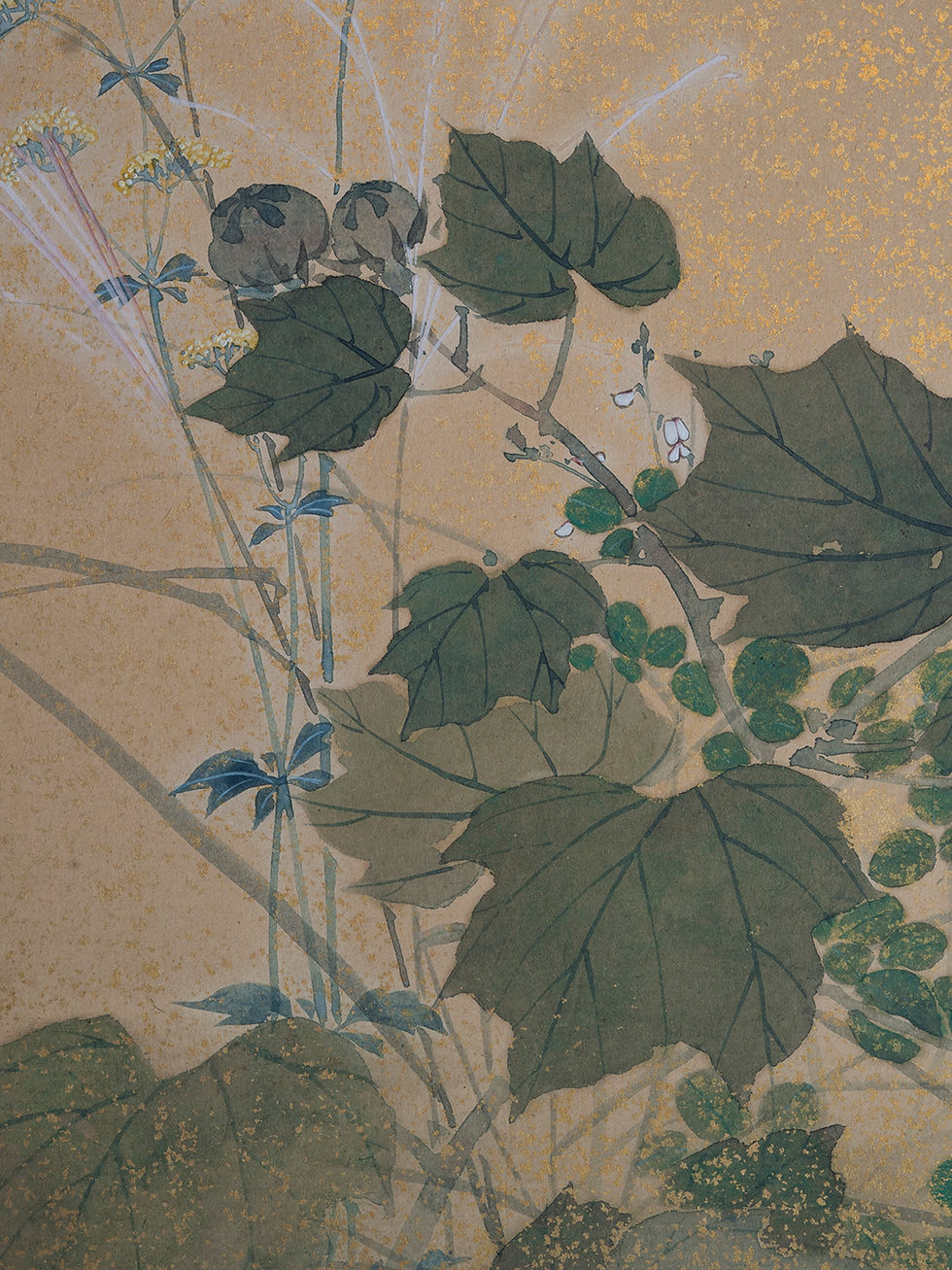 Thumbnail: two fold japanese rinpa screen in ink watercolour and gold late edo period