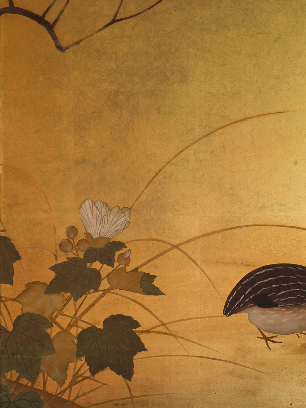 Thumbnail: gold leaf japanese screen with a pair of quails among flowers edo period