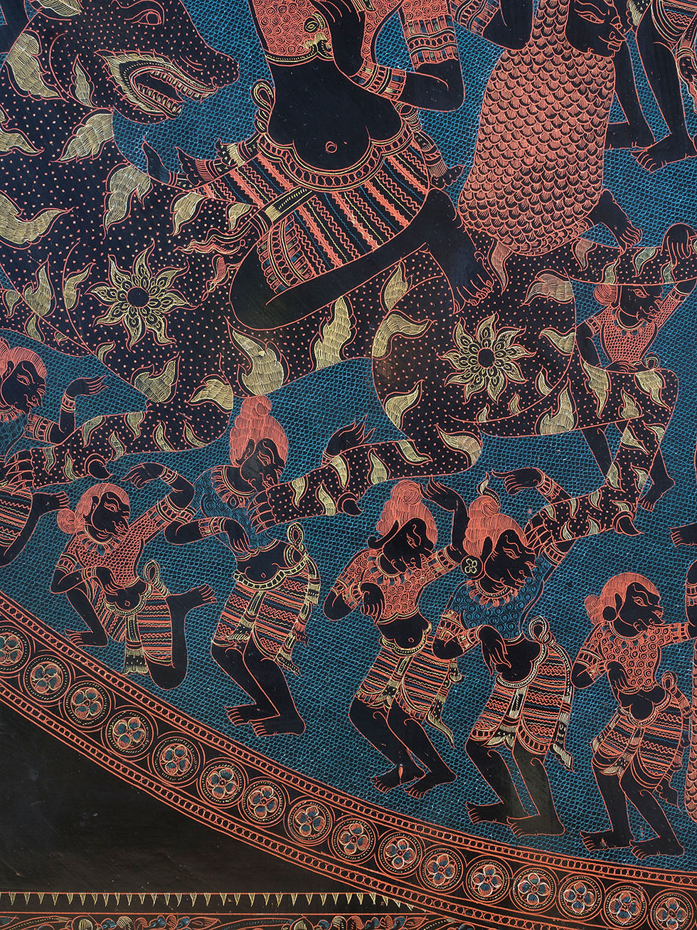 Thumbnail: large burmese lacquered engraving. red and green drawing on black lacquered ground