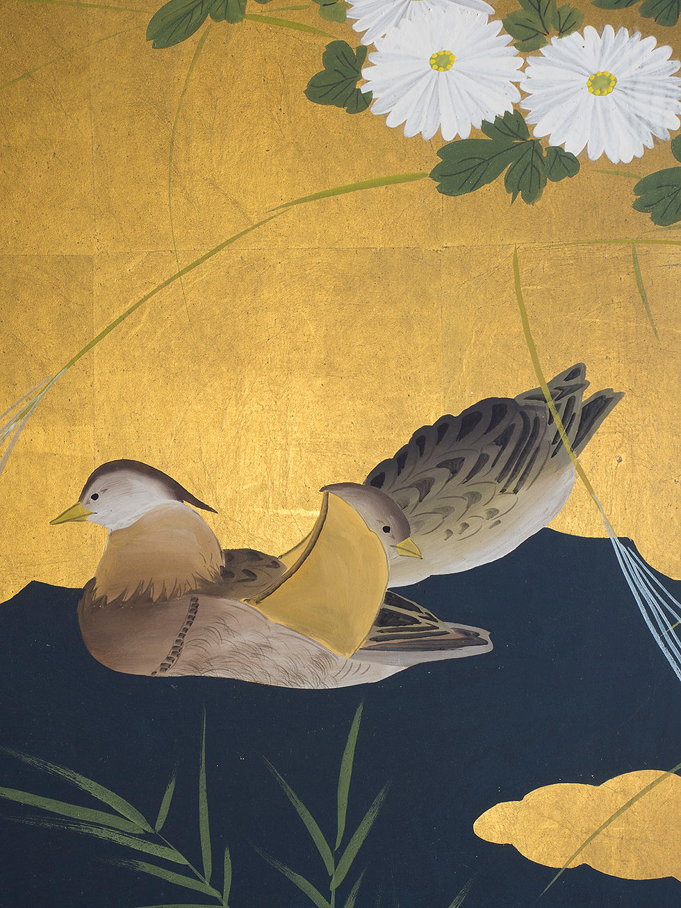 Thumbnail: japanese gold screen with mandarin ducks and chrysanthemums on a black river moving through gold clouds